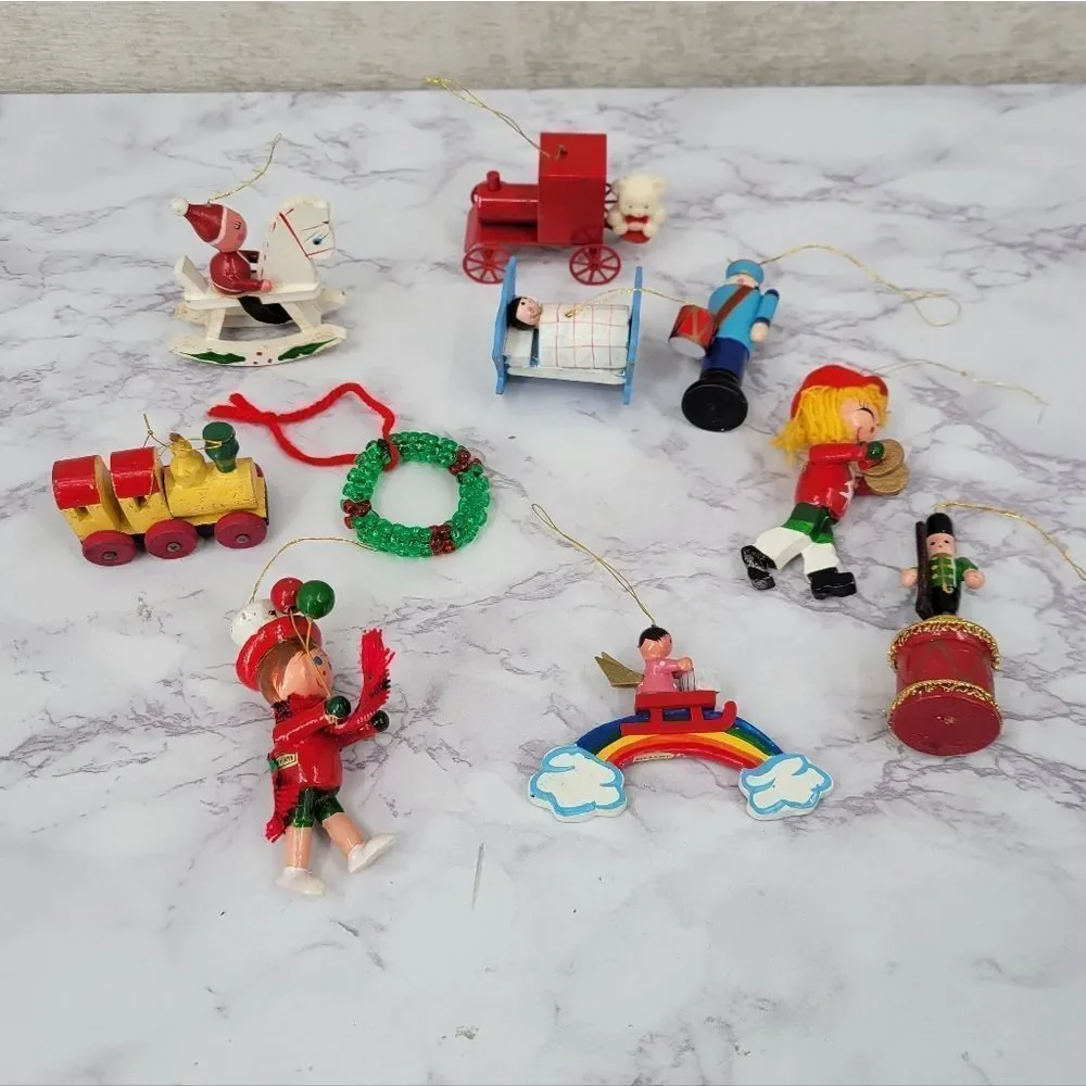 Vintage Colorful Wooden and Metal Christmas Ornaments Set